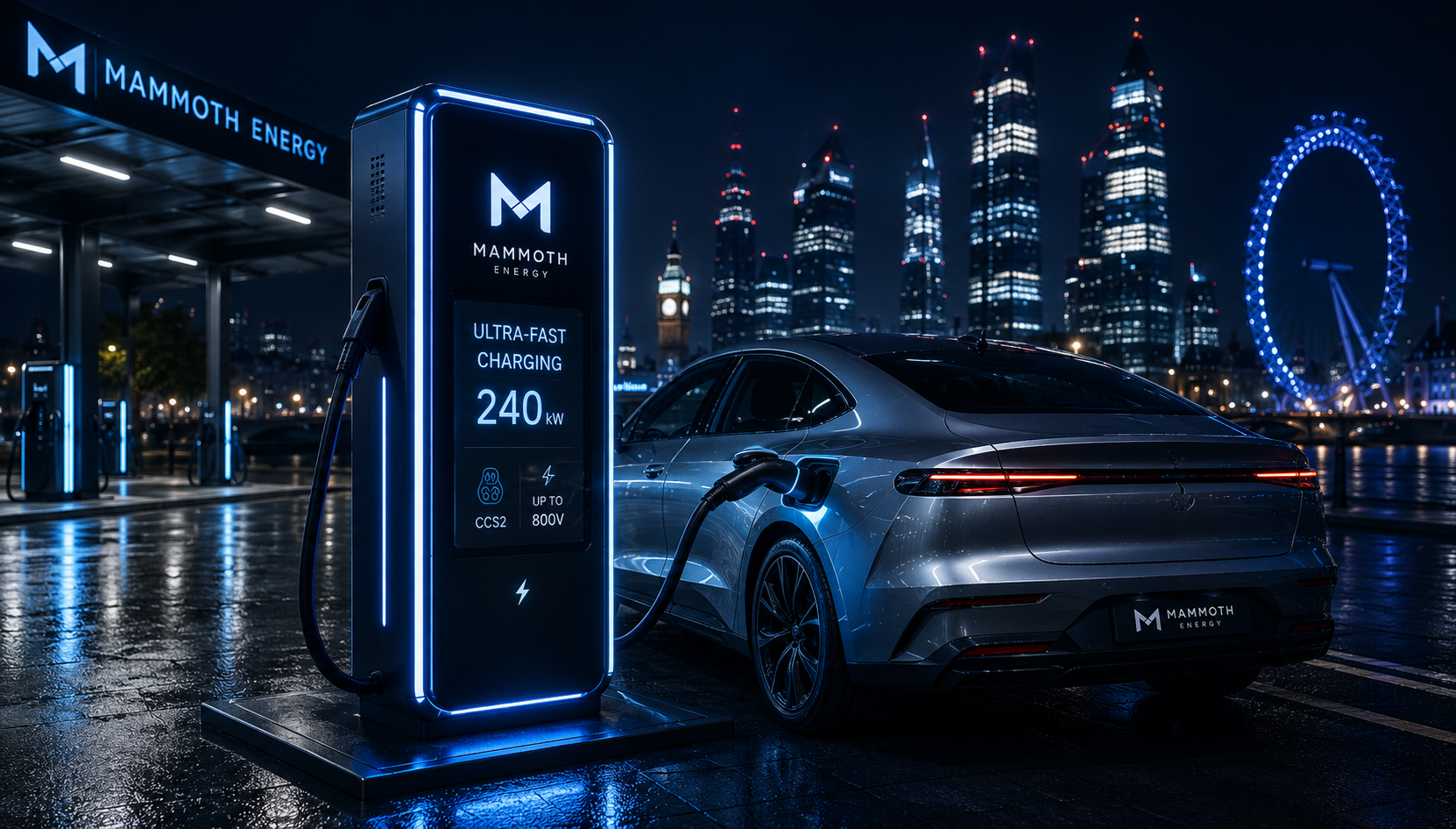 Mammoth Energy ultra-fast charging station with an EV charging against the London skyline at night